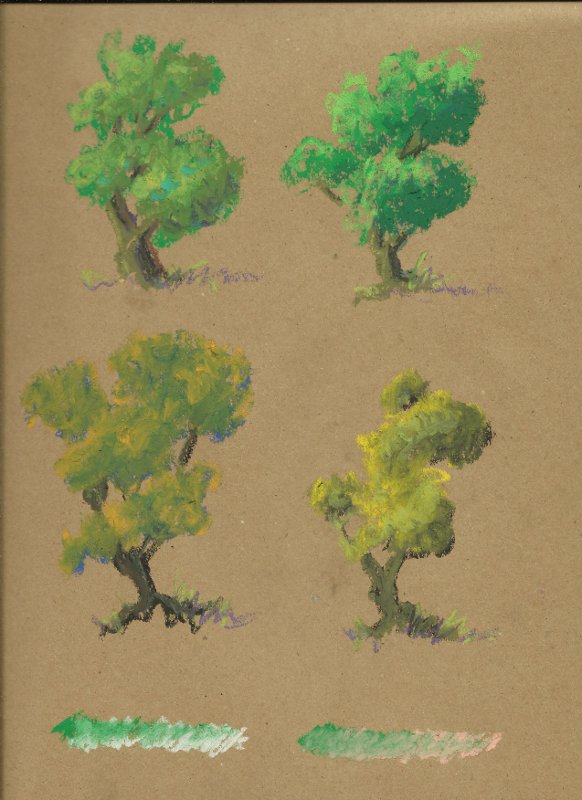 Four tree sketches showing different ways to handle mixing greens.