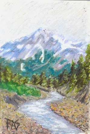 Oil pastel painting of a mountain near Seward, Alaska with winding river, pines and distant blued forest.
