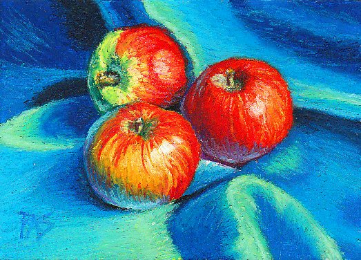 Oil pastel still life of three red and green apples on rumpled blue silk by Robert  A. Sloan.