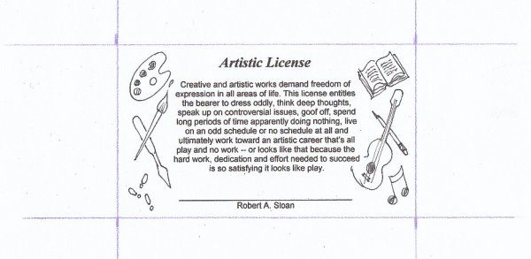 Artistic License wallet card with text and doodled images of art, music, dancing, writing.