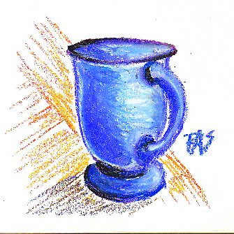 Oil pastel drawing of blue cup with dark shadow on oak tabletop.