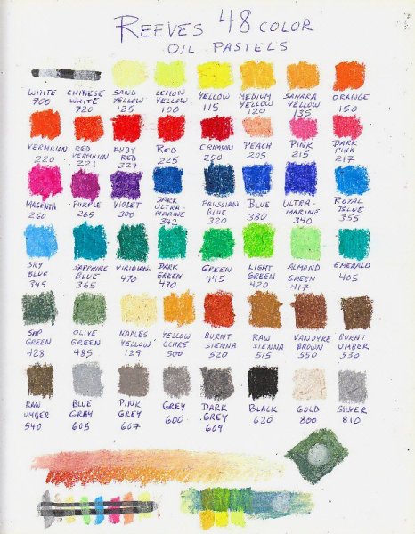 Color chart of 48 Reeves oil pastels