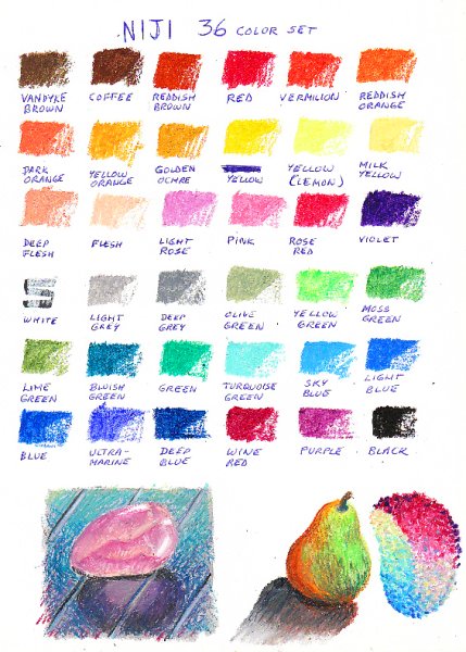 36 Niji color chart with sketches at base in context.