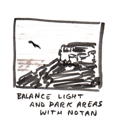 Look at your drawing as light and dark masses, balance them so there's more light or more dark, not fifty-fifty.