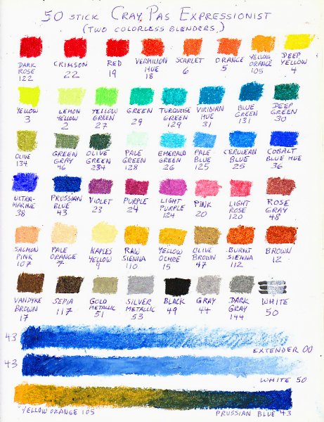 Color chart of 50 CrayPas Expressionist oil pastels.