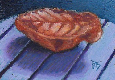 Study of a red brown Cretaceous fossil leaf on a blue-gray grooved reflective surface painted in Holbein Oil Pastels.