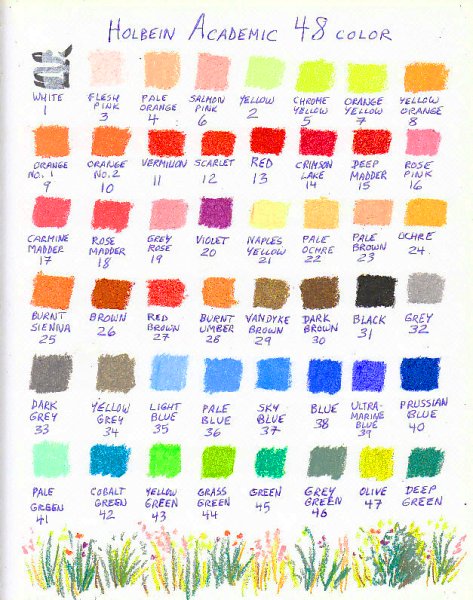 Color chart for 48 Holbein Academic student grade oil pastels.