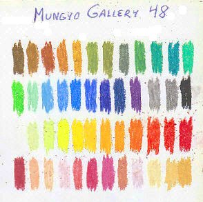 Color chart of 48 Mungyo Gallery oil pastels on white sketchbook paper.