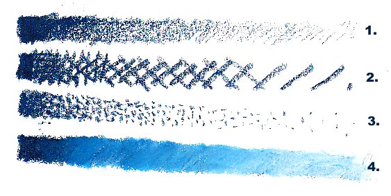 Four different shading bars in Indigo oil pastel showing pressure shading, crosshatching, stippling and blending with white.