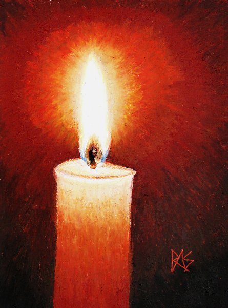 Oil pastel painting of a candle with flame and detailed wick against a dark background.