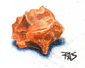 Oil pastel painting of reddish brown chert stone with curved fluting, in Faber-Castell oil pastels.