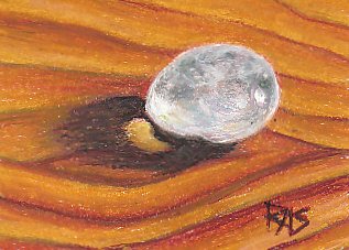 Clear quartz pebble on golden wood surface painted in Pentel oil pastels, realism.