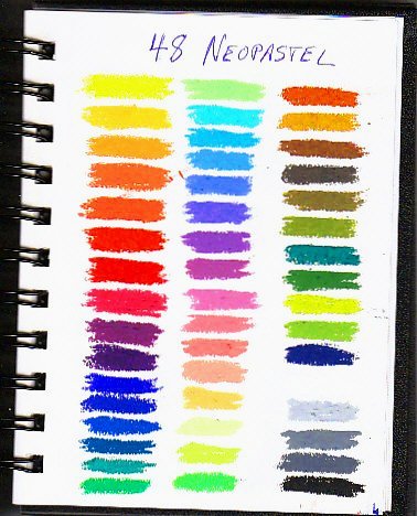 Color chart of 48 Neocolor artist grade oil pastels in three rows without labels.