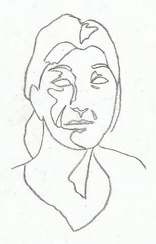 Contour drawing of a woman's face showing irregular shapes of shadows defining features.
