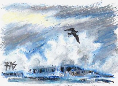 White surf waves crashing on dark rocks under gray storm clouds, black gull silhouette painted in CrayPas Expressionist oil pastels.