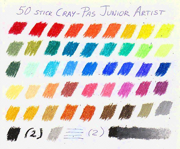 Color chart for 50 sticks of CrayPas Junior Artist oil pastels.