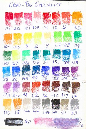 Color chart  for 50 stick CrayPas Specialist artist grade oil pastels.