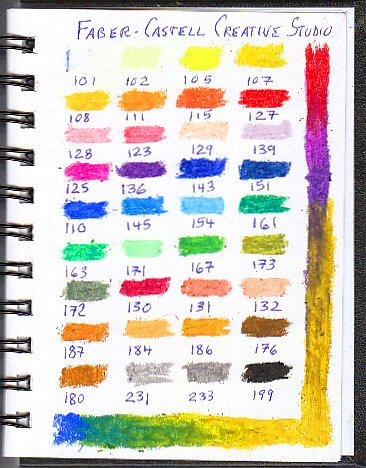 Color chart of 36 Faber Castell oil pastels with color number under swatches.