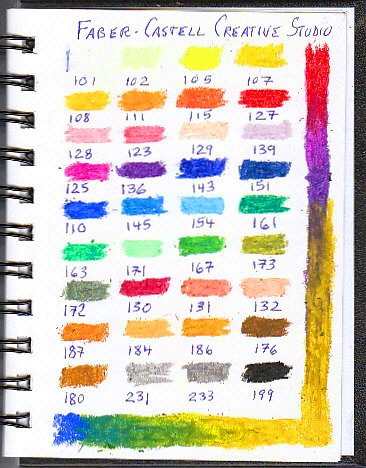 Color chart of 36 Faber Castell oil pastels with color number under swatches.
