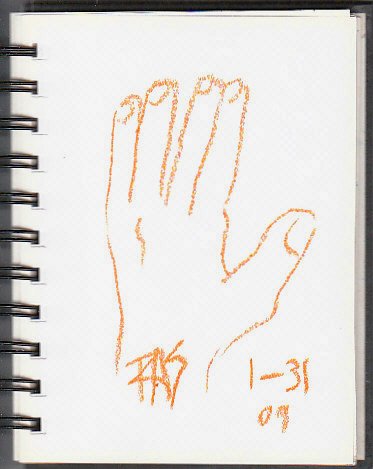 One minute gesture drawing of the artist's left hand with giant thumb and sausage fingers.