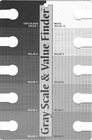 Commercially made Value Finder showing ten degrees of light and dark of which 1 is black and 10 is white.