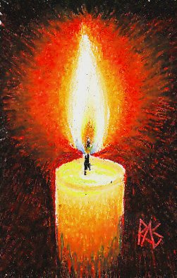 Maimeri Classico oil pastels painting of a candle with flame, wick and glow on a black background.