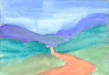 Simple watercolor landscape with blue sky, purplish hills, green hills and reddish brown road in watercolor.