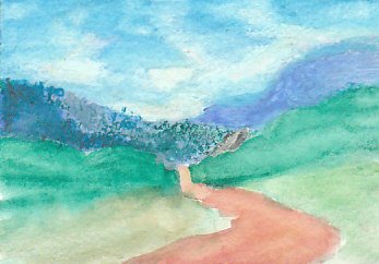 Landscape with white clouds strengthened by dipping white stick in water.