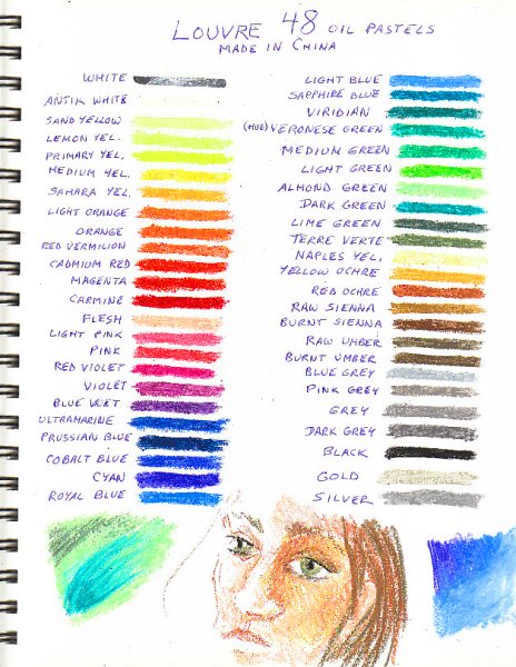 Louvre oil pastels 48 color chart with sketches and blending experiments.