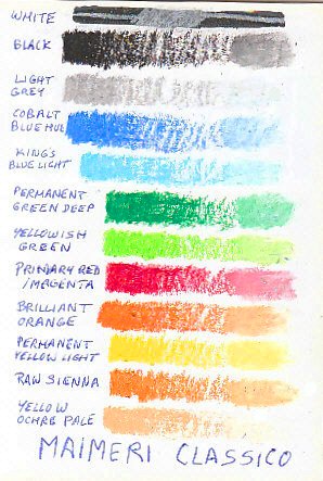 Color chart of 12 Maimeri Classico colors on white paper.