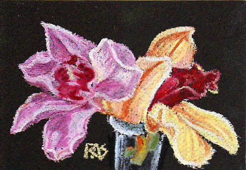Purple and white orchid and bronzy reddish and yellow orchid in a clear vase on a black background, painted impressionistic in oil pastels.