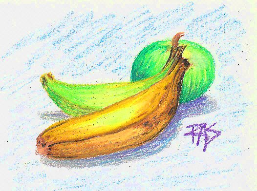 Overripe and underripe bananas in front of a green apple on a scribbled light blue background, drawn with Crayola oil pastels.