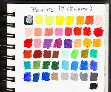 Pentel oil pastels color chart showing the full range of 49 colors, the 50 stick set has two whites.