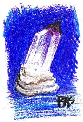 Sketch in Prang Sketcho oil pastels of amethyst-tipped quartz crystal on a blue background, mounted on a squashy gray kneaded eraser.