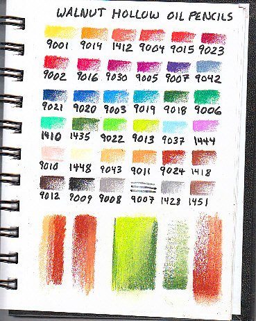 36 color Walnut Hollow oil pencil color chart with three blending tests.
